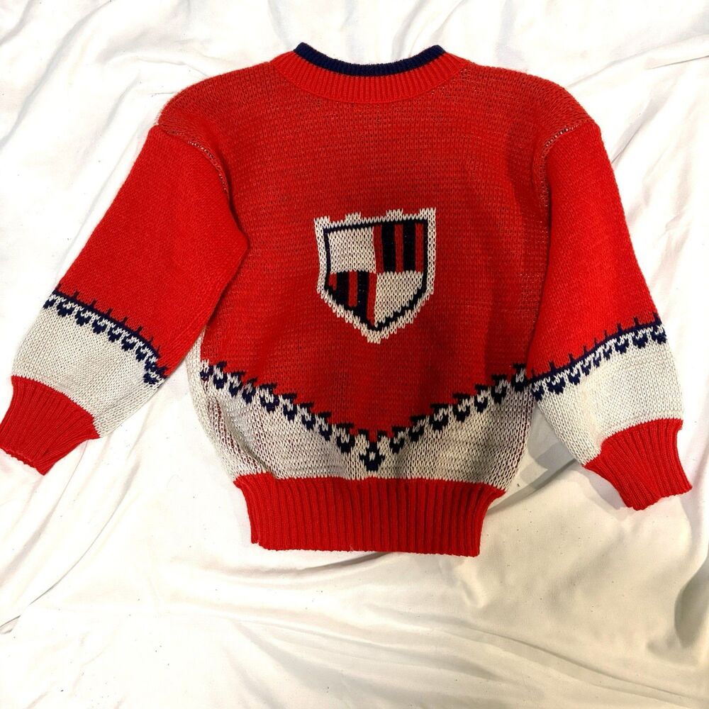 NWT Vintage Judy Philippine Toddler Crest Sweater 24M Red Knit Preppy Americana